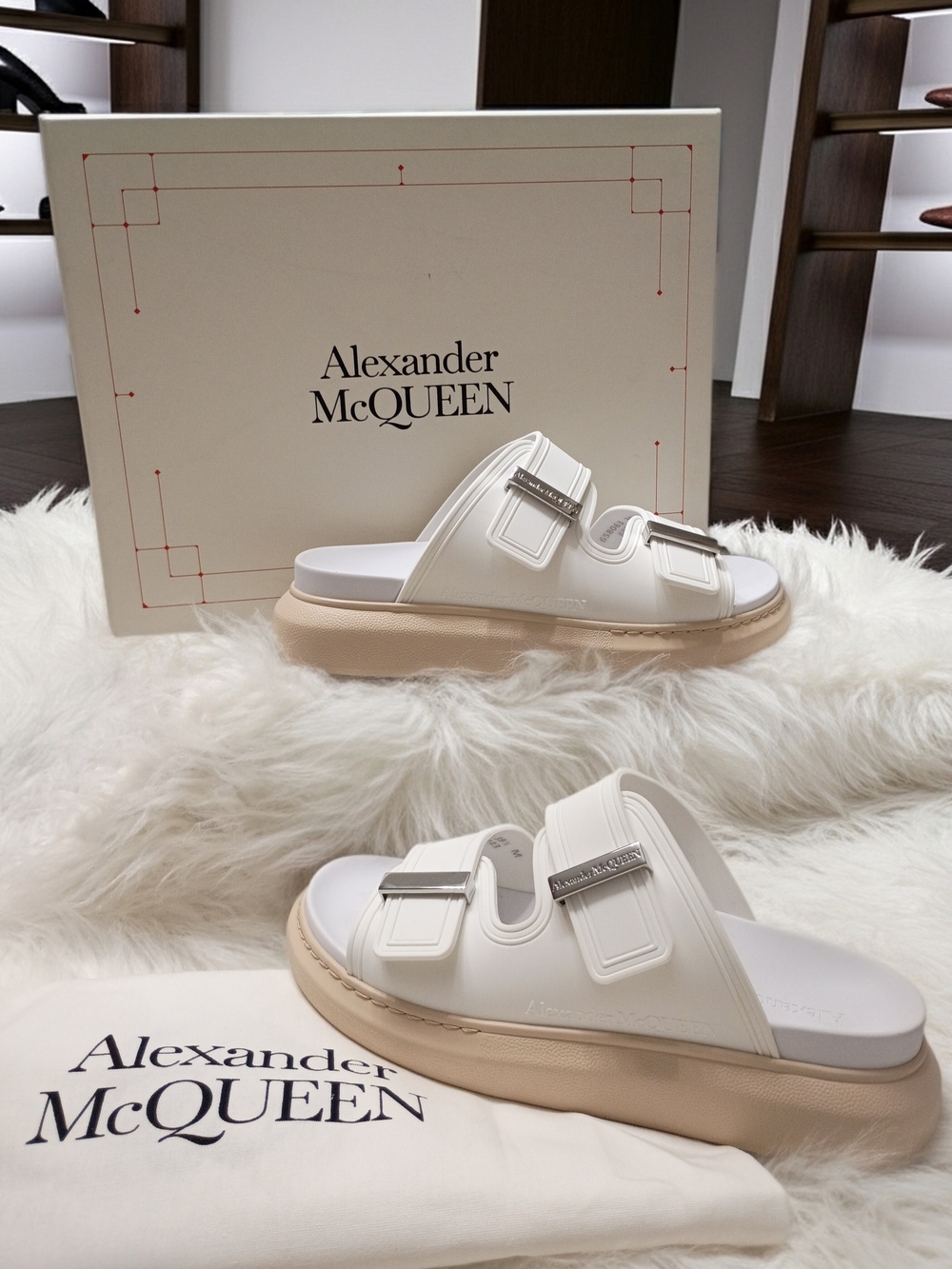 Alexander McQueen White Rubber Birke Slide Sandals with Cream Sole Silver Buckle